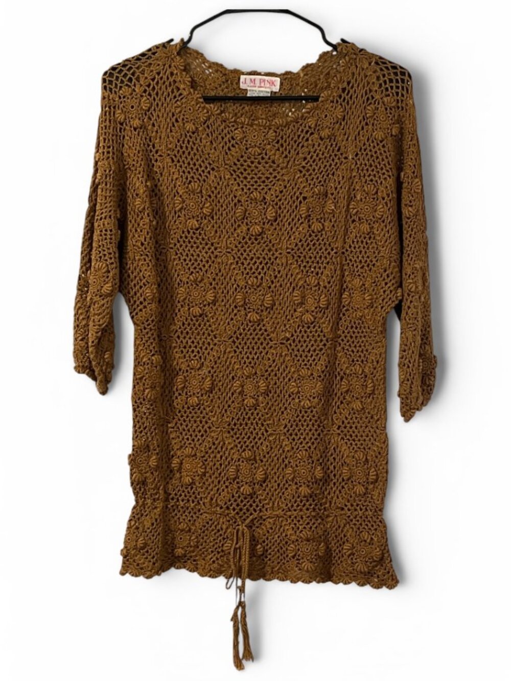 Vintage 90s Sheer Crochet Knit Top Tunic in Bronze - Size L (READ DESCRIPTION)
